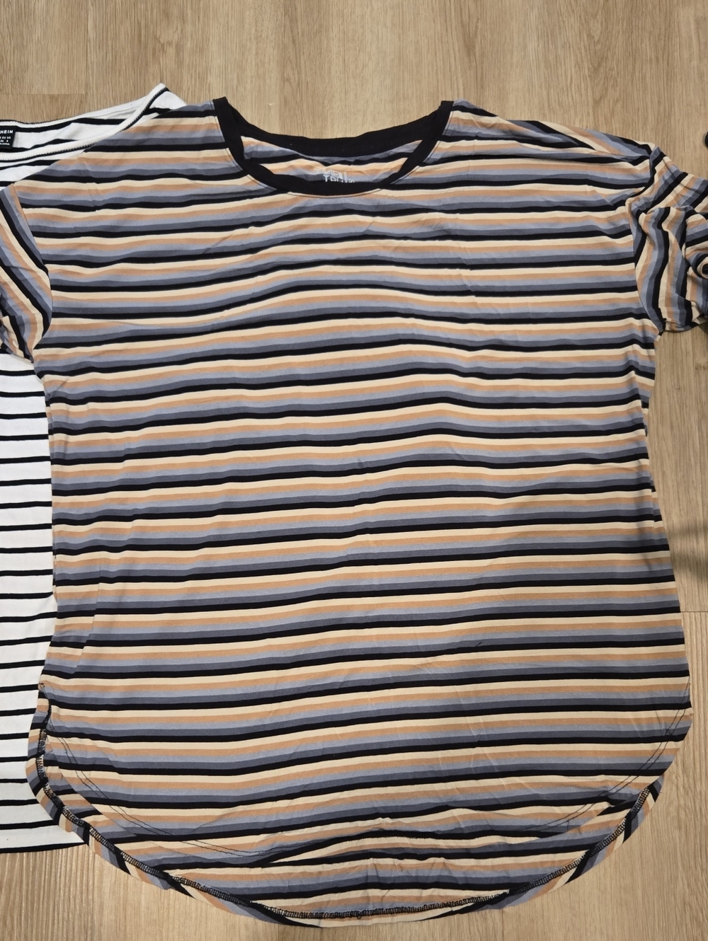 Time and Tru Striped Short Sleeve Tee in Navy, Mustard, Gray